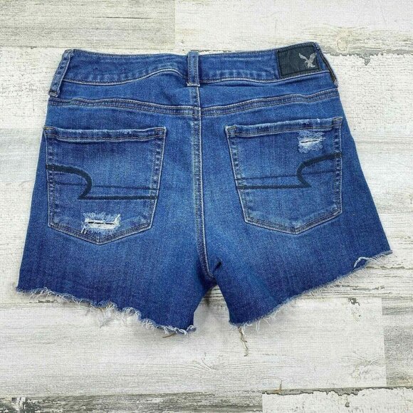American Eagle Jean Shorts Womens 2 Super Stretch Distressed Blue Cutoff Patches - Picture 2 of 8